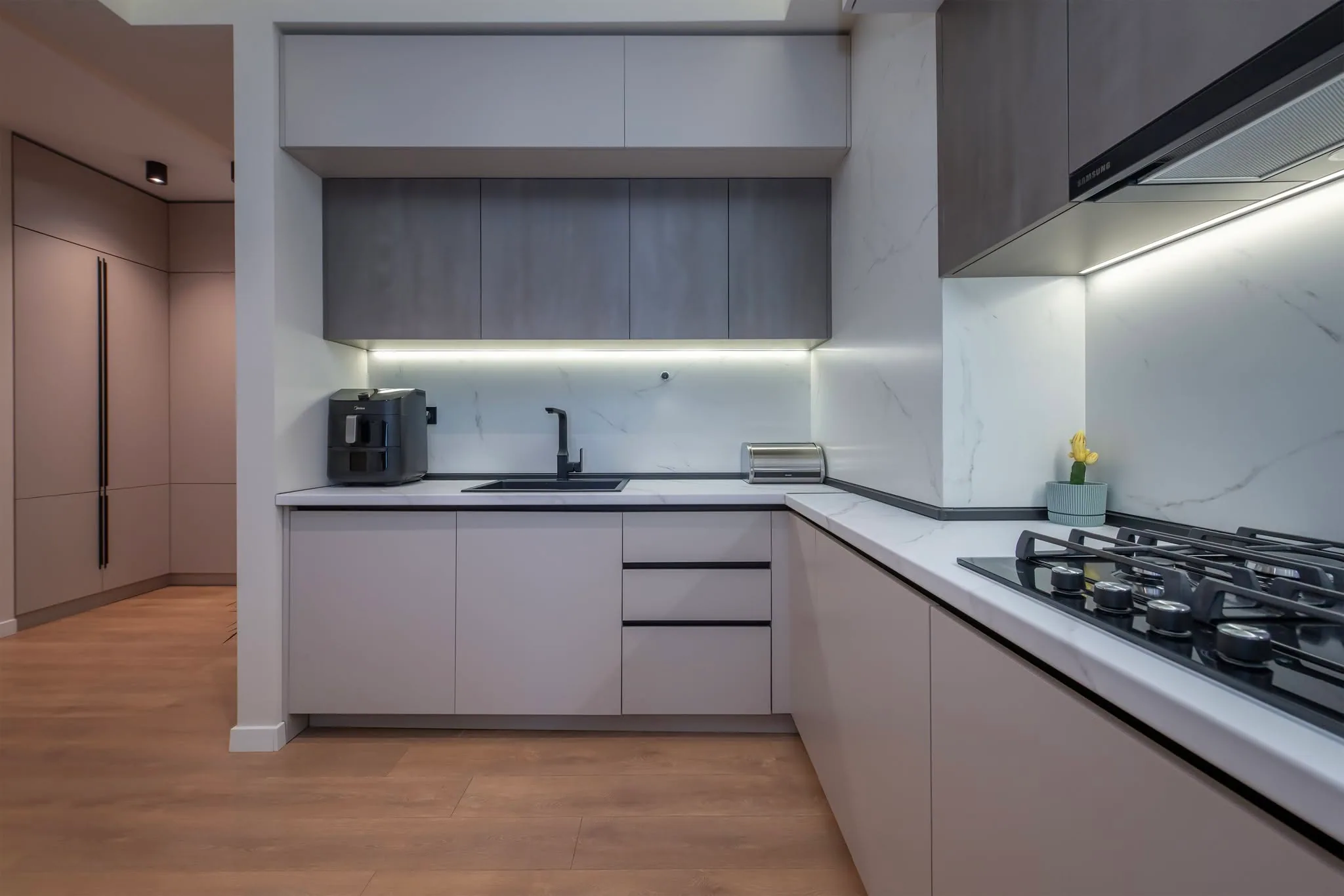 Grey l shaped kitchen — custom furniture by Kencho Group, Tbilisi