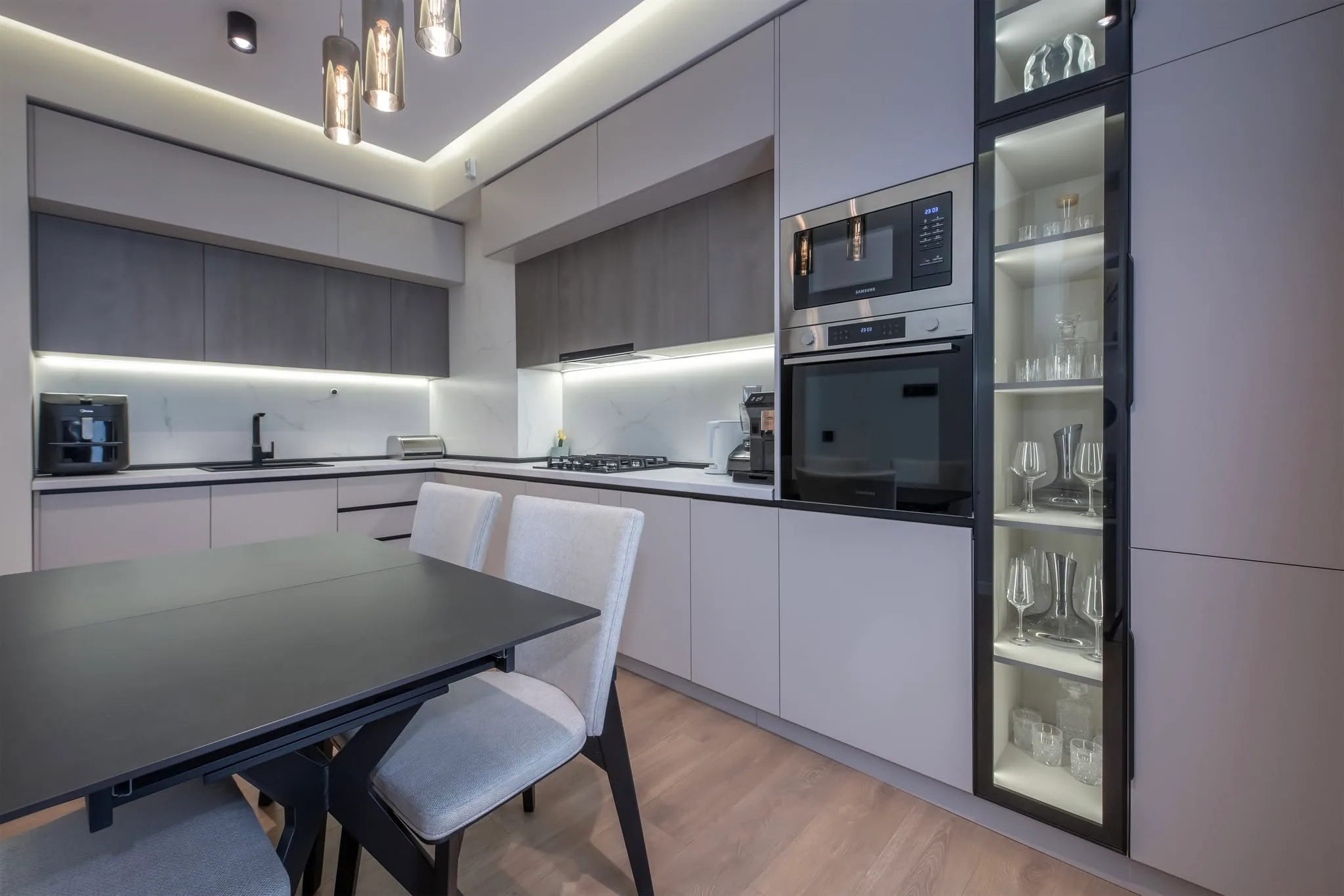 Grey kitchen vitrine — custom furniture by Kencho Group, Tbilisi