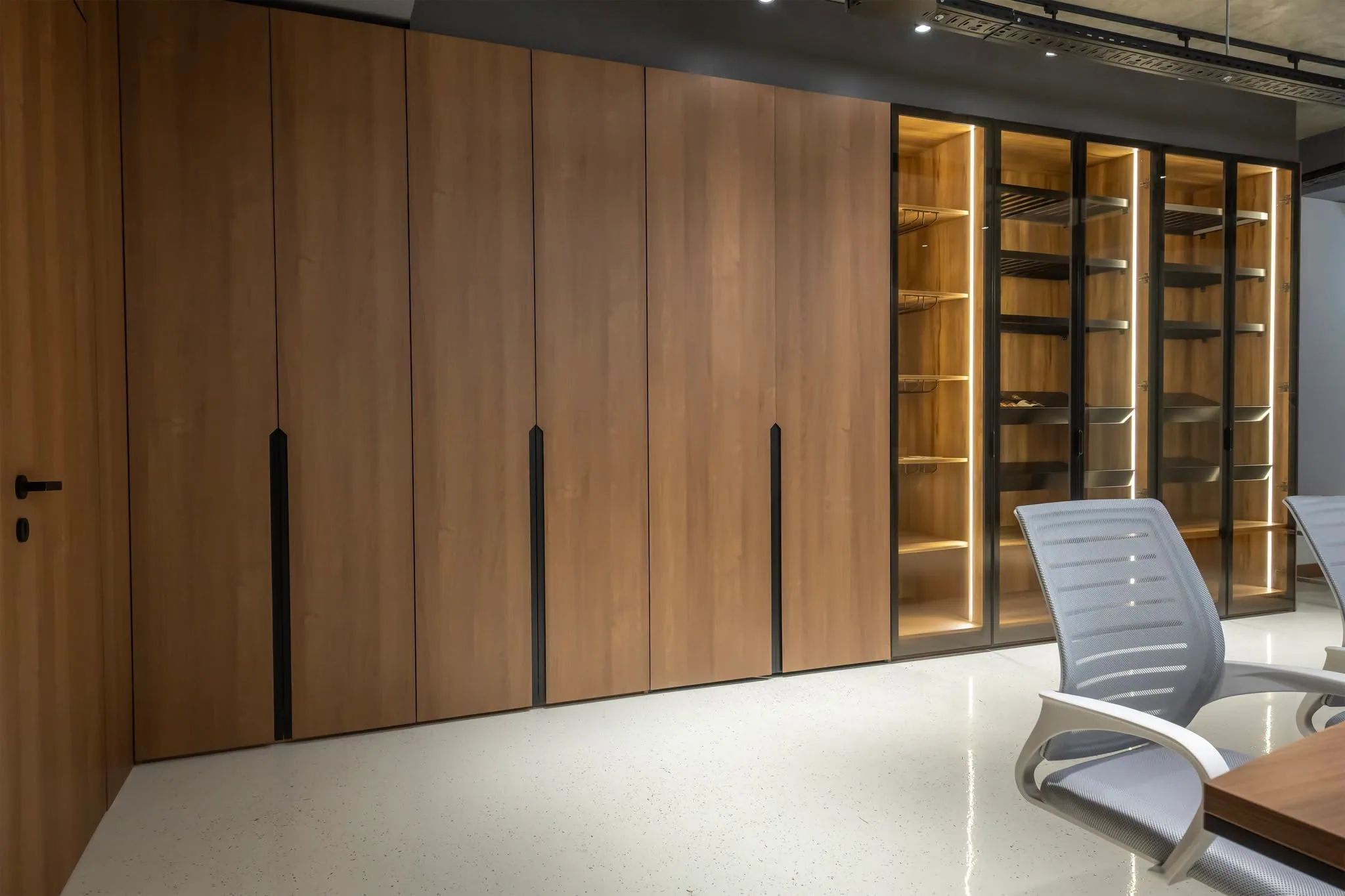 Office walnut wall unit — custom furniture by Kencho Group, Tbilisi
