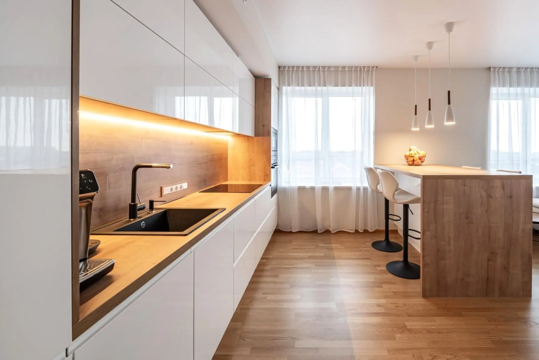 White minimal kitchen run — custom furniture by Kencho Group, Tbilisi