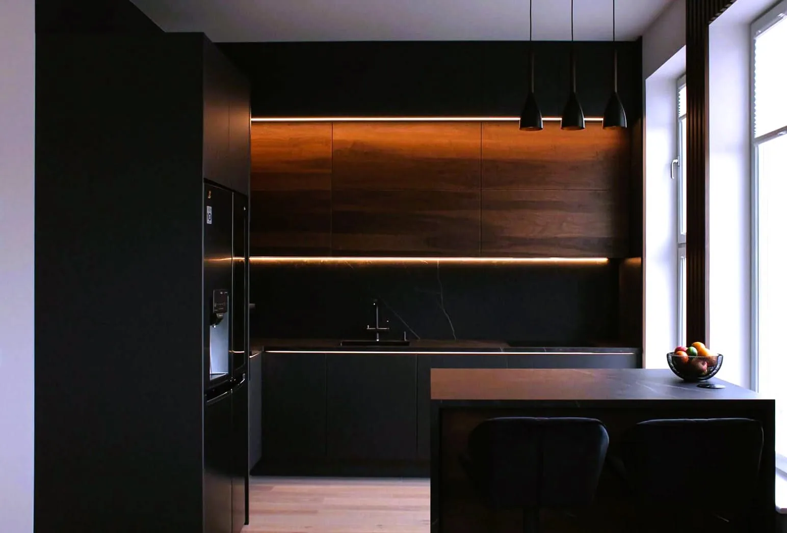 Dark walnut kitchen — custom furniture by Kencho Group, Tbilisi