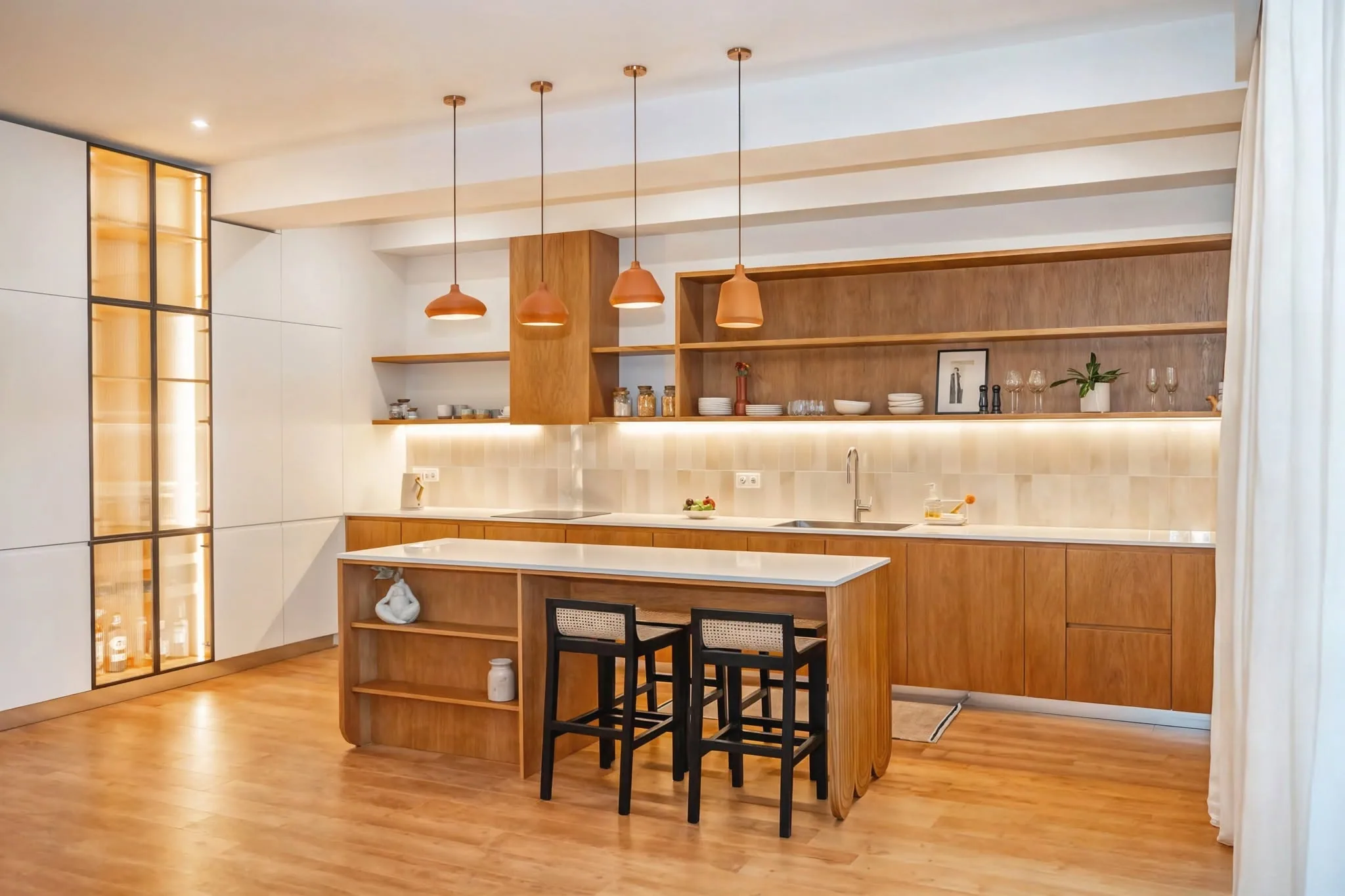 Oak island kitchen shelves — custom furniture by Kencho Group, Tbilisi