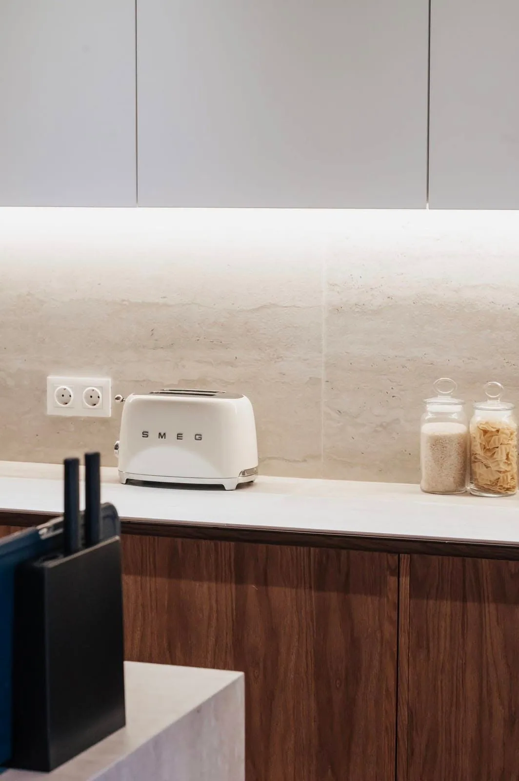 Travertine kitchen detail — custom furniture by Kencho Group, Tbilisi