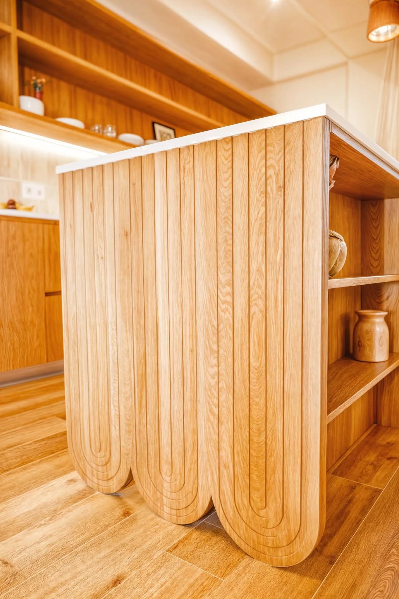 Fluted oak panel detail — custom furniture by Kencho Group, Tbilisi