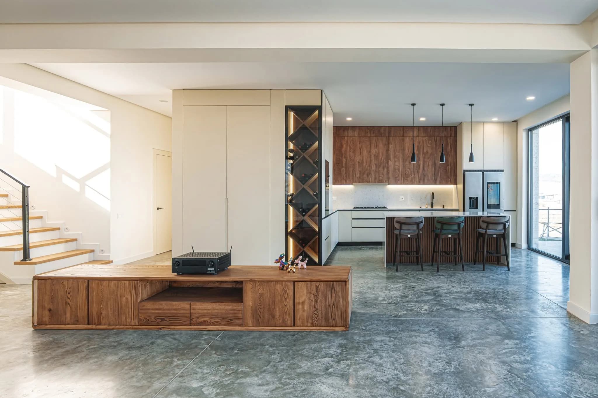 Open plan kitchen media wall — custom furniture by Kencho Group, Tbilisi