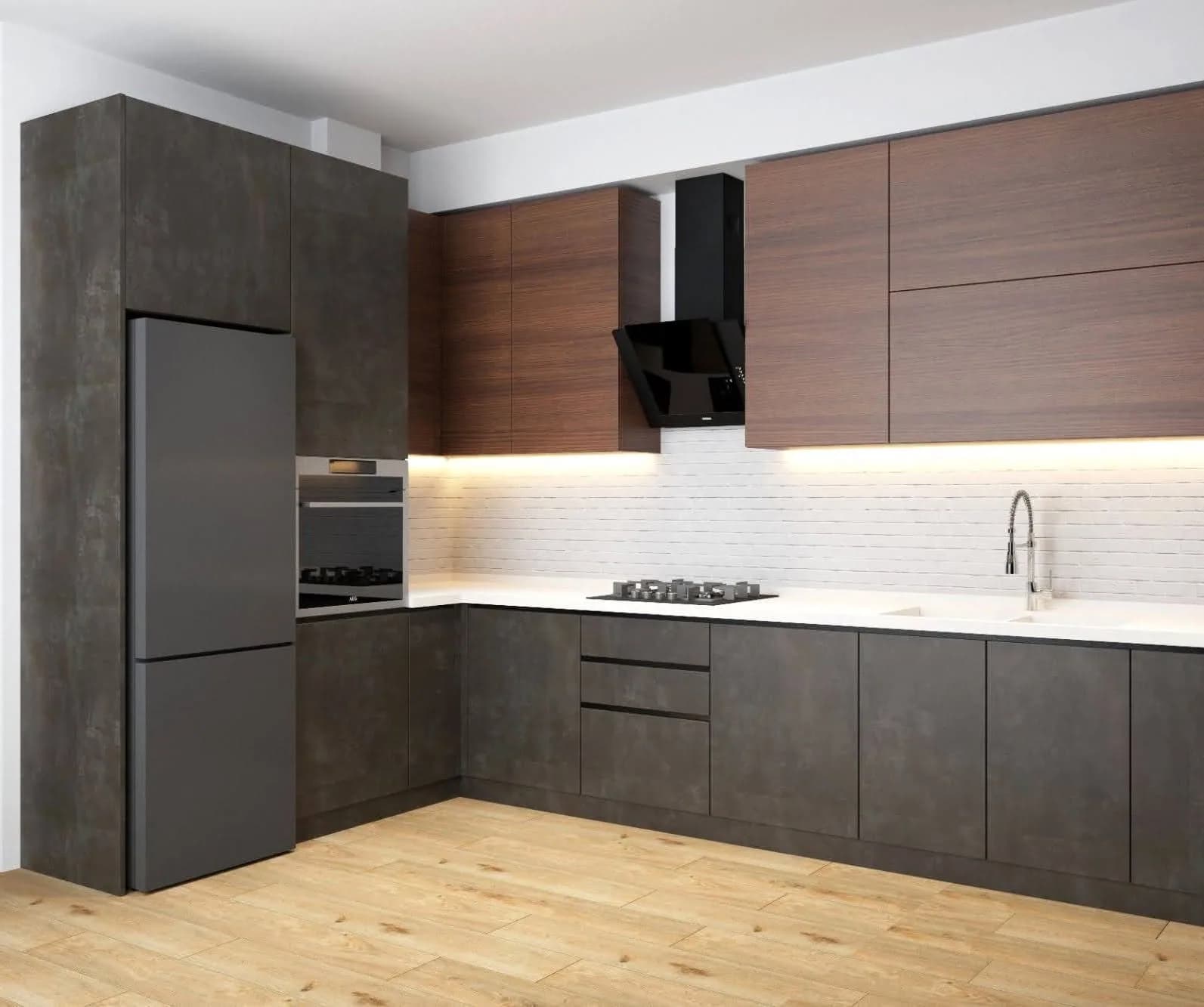 Walnut and concrete kitchen — custom furniture by Kencho Group, Tbilisi