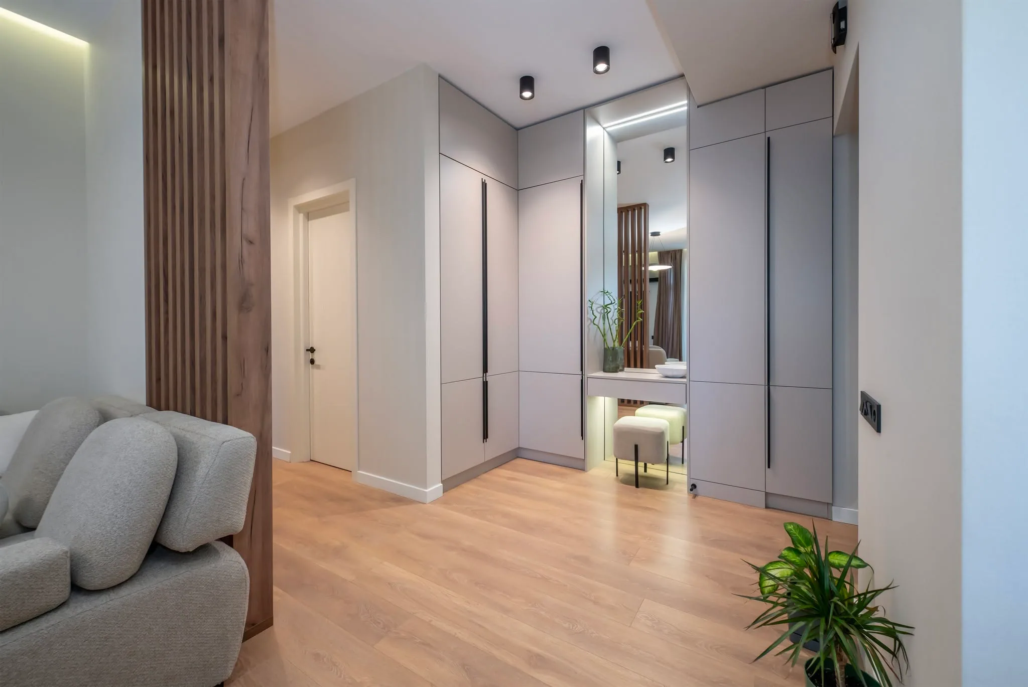 Grey hallway built ins — custom furniture by Kencho Group, Tbilisi